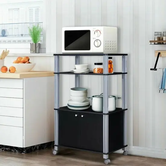 3 Tier Kitchen Storage Cart with Wheels Microwave Stand with Shelves and 2-Door Cabinet Black {2}
