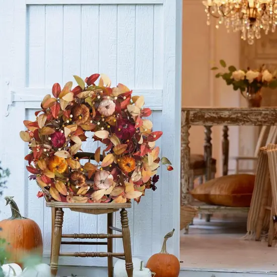 24 Inch Fall Velvet Pumpkin Wreath with Berries for Front Door {2}