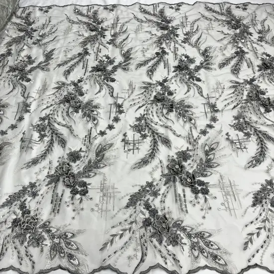 1 Yard Beaded Rhinestone 3D Floral Lace Fabric for Bridal Gowns Costumes Dresses 50" Width Purple {5}