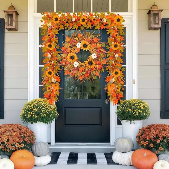 6ft Fall Sunflower Garland with Lights,Autumn Pumpkin Garlands with Berry Leaves {6}