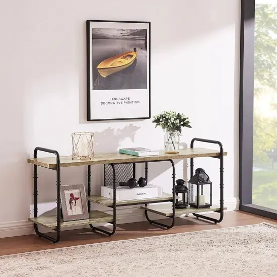 Wood Metal TV Stand with Open Shelves for TVs up to 60 Inches Grey {3}