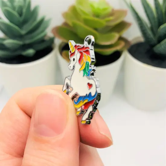 White and Rainbow Enamel Unicorn Charms, 20x10mm {5}