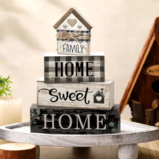 4 Pcs Farmhouse Wooden Tabletop D&eacute;cor &ndash; Rustic House Shaped Block Signs for Tiered Tray, Shelf, Mantle & Neutral Centerpieces &ndash; Sweet Home Rustic Housewarming Gift Set {2}