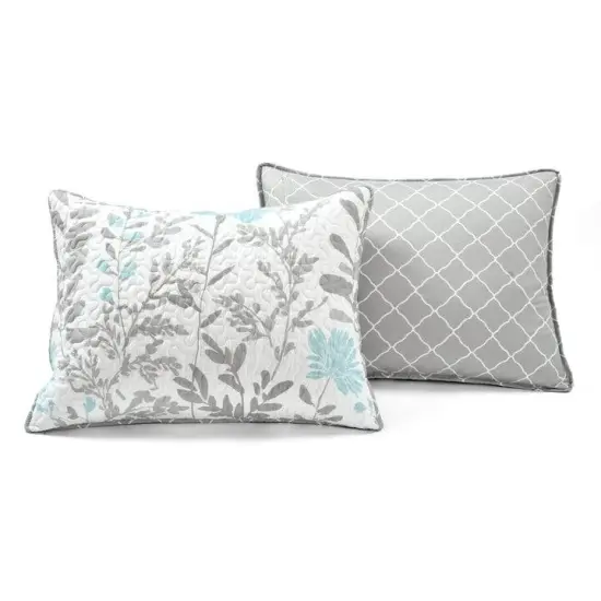 Blue Grey Floral Lightweight Thin Polyester Fabric 3-Piece Quilt Set {2}