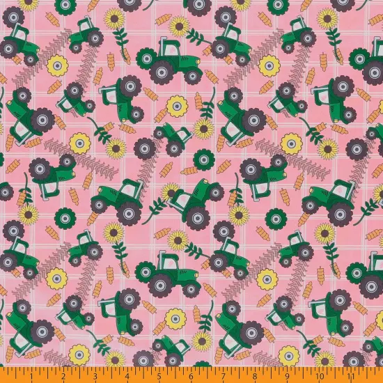 Mook Fabrics Farm Tractors Printed PUL Fabric [60 in. Wide] - By The Yard Pink {3}