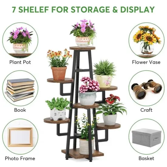 Metal and Wood 7-Tier Indoor Plant Stand with Scratch-Resistant Shelves Black {3}