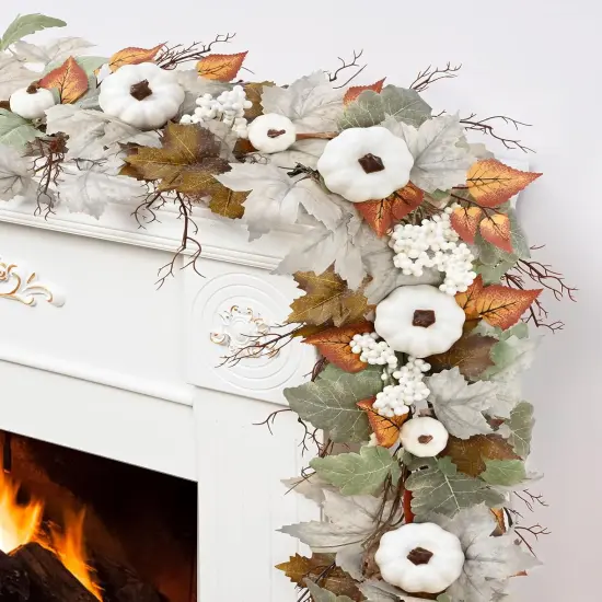 Fall Garland with Lights, White Pumpkins Berries & Maple Leaves - 1PC {1}