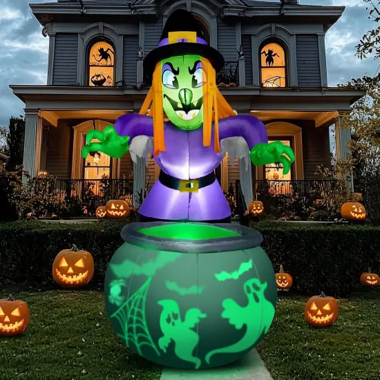 Halloween Inflatable Witch and Cauldron Decoration with Projecting Rotating Green Ghost Light, {1}