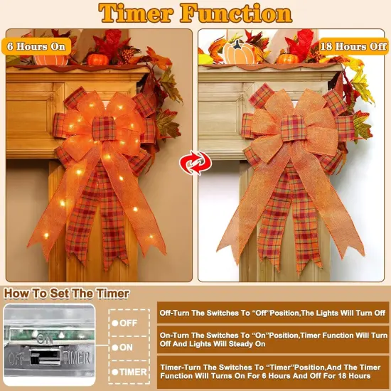 [ 2 Pack & Timer ] Prelit Fall Wreath Bows {3}