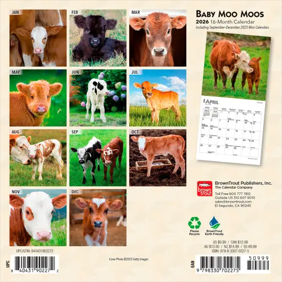 Baby Moo Moos | 2026 7 x 14 Inch (Hanging) Monthly Mini Wall Calendar {2}