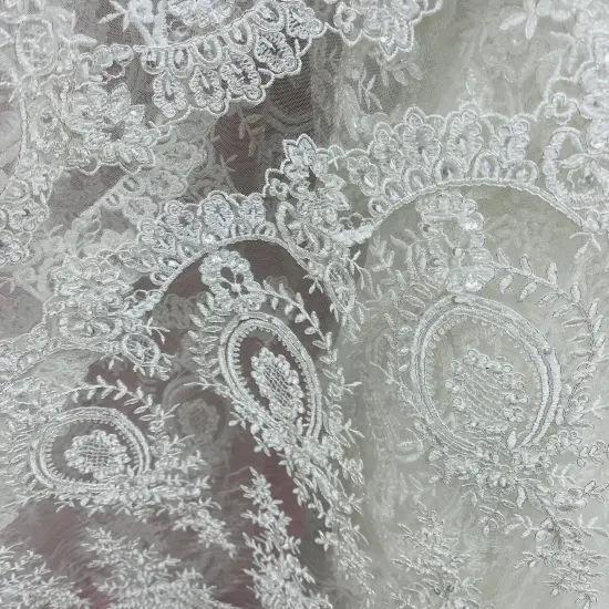 1 Yard White Beaded & Corded Embroidered Lace Fabric, 100% Polyester Mesh, 48" Wide, Elegant Fabrication for Gowns & D&eacute;cor {5}