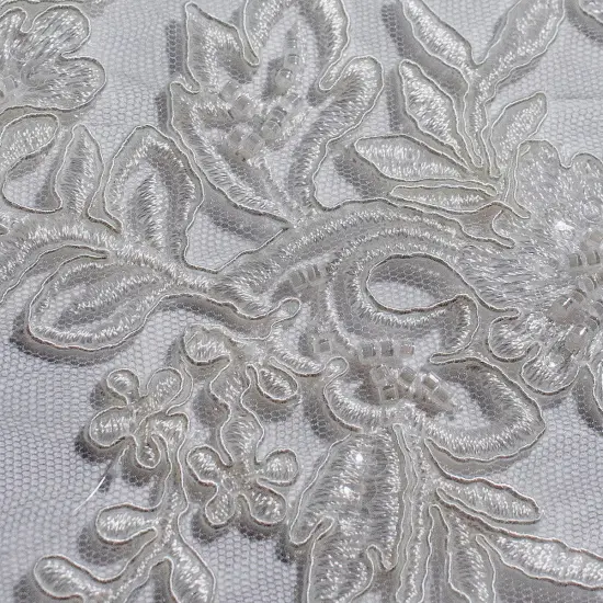 1 Yard Elegant Beaded and Corded Bridal Lace Fabric Embroidered on 100% Polyester Net Mesh 52 inch Width Silver {5}