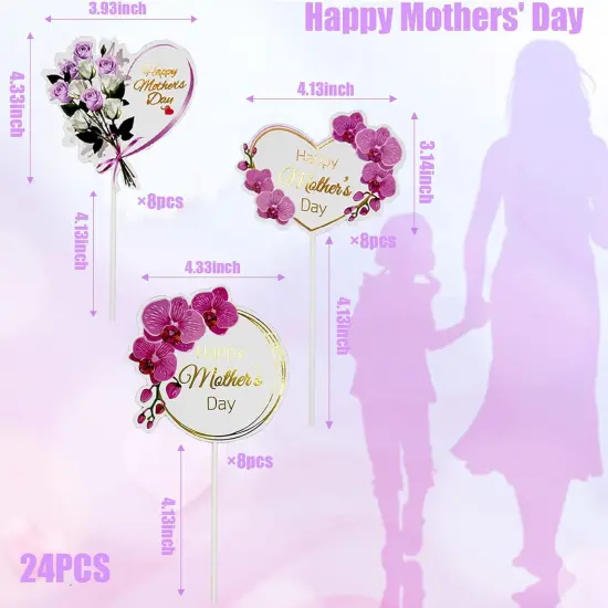 24pcs Happy Mother's Day Cupcake Toppers, Heart Round Butterfly Orchid Rose Flower Cupcake Picks, Cake Decoration for Birthday Mother's Day Party Favors Supplies Favors {5}