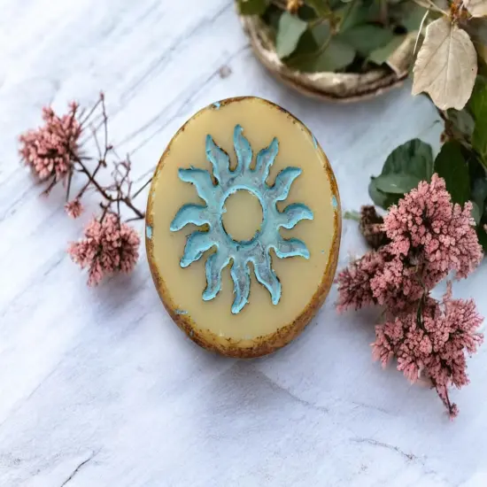 *2* 21mm Turquoise Washed Beige Picasso Table Cut Sun Design Coin Beads {4}