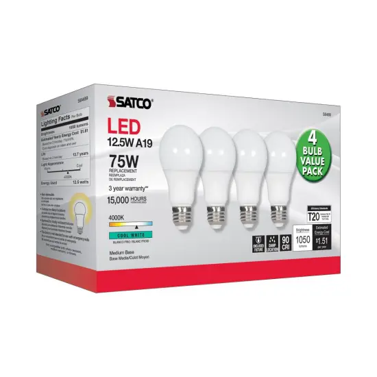 Satco 4Pk. 12.5w A19 LED 4000K Medium base 120 volts {2}