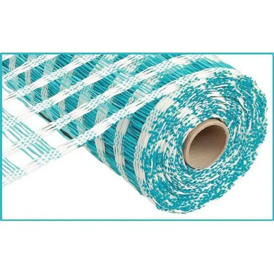 10" Poly Burlap Check Mesh Ribbon: Turquoise & Cream {1}