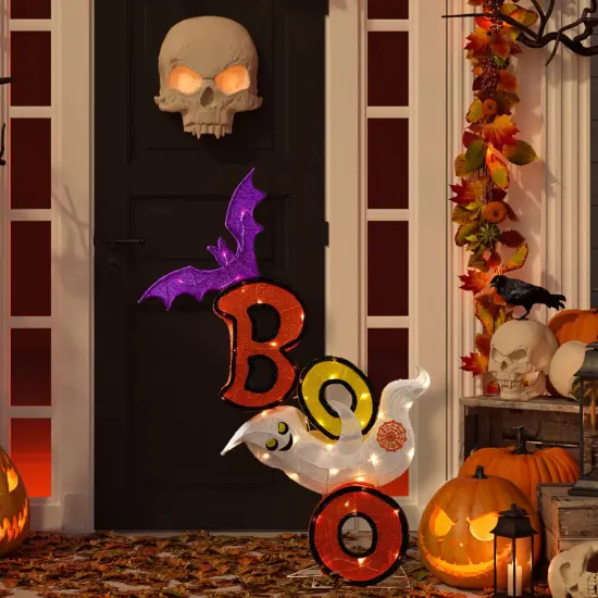 Northlight Lighted Bat and Ghost "BOO" Halloween Decoration - 4.5' - Warm White LED Lights Orange {1}