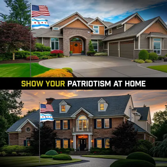 G128 Combo Pack: 25 Ft Telescoping Aluminum Flagpole (Black) & American and Chicago Flags 3x5 Ft, Both StormFlyer Series Embroidered 220GSM Spun Polyester | Pole with Flags Included {4}