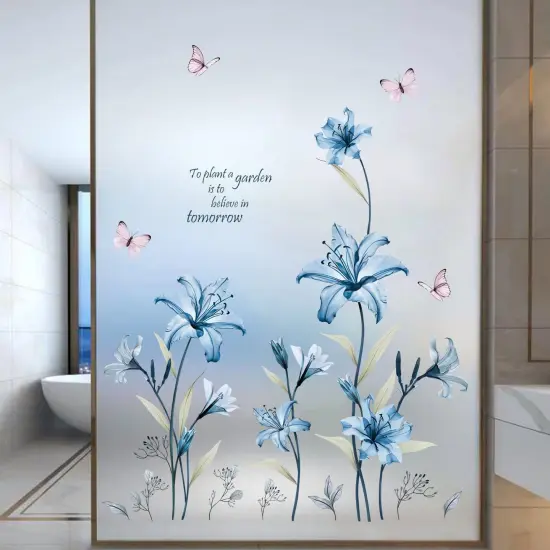wondever Blue Lily Flower Wall Stickers Floral Butterfly Peel and Stick Wall Art Decals for Living Room Bedroom TV Wall {5}