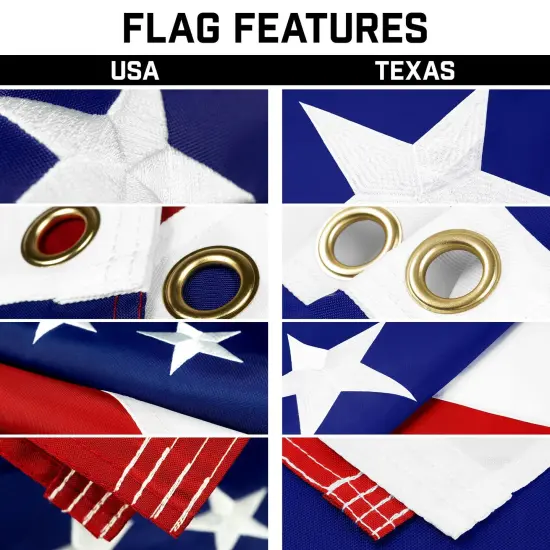 G128 Combo Pack: 20 Ft Telescoping Aluminum Flagpole (Black) & American and Texas Flags 3x5 Ft, Both ToughWeave Series Embroidered Polyester | Pole with Flags Included {3}