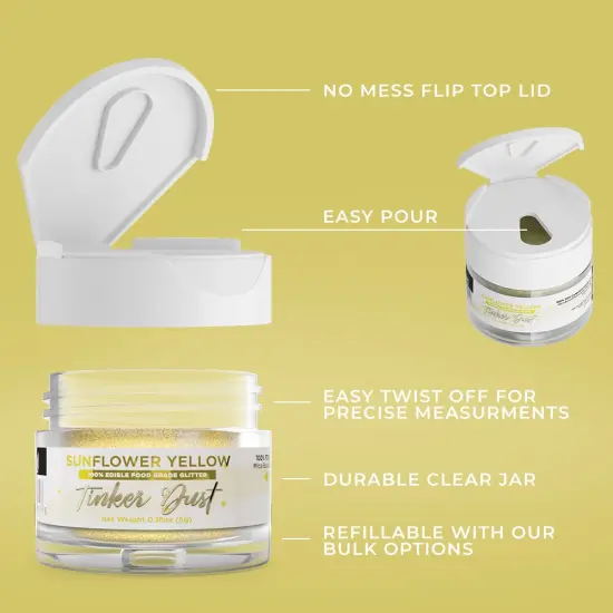 Bakell - Sunflower Yellow Tinker Dust Edible Glitter (5g, 1x Jar) for Food, Desserts, and Beverages! {5}