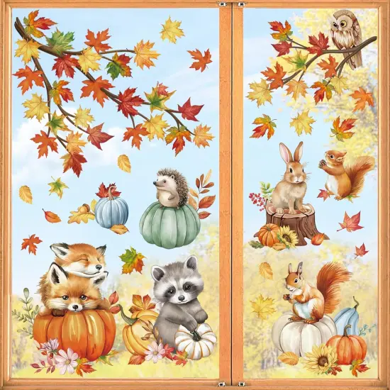 Fall Woodland Animals Window Clings Autumn Pumpkin Fox Squirrel Owl {4}
