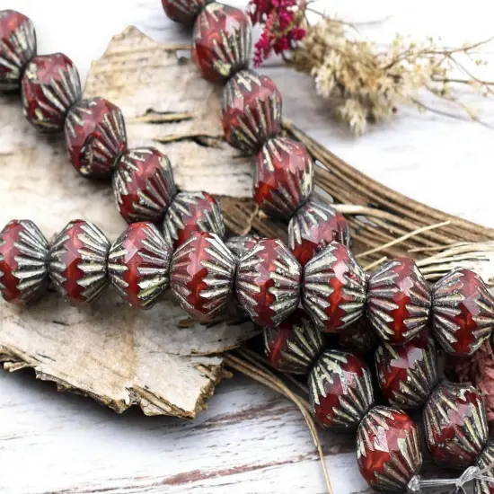 *10* 10mm Red Silk Picasso Fluted Bicone Beads {1}