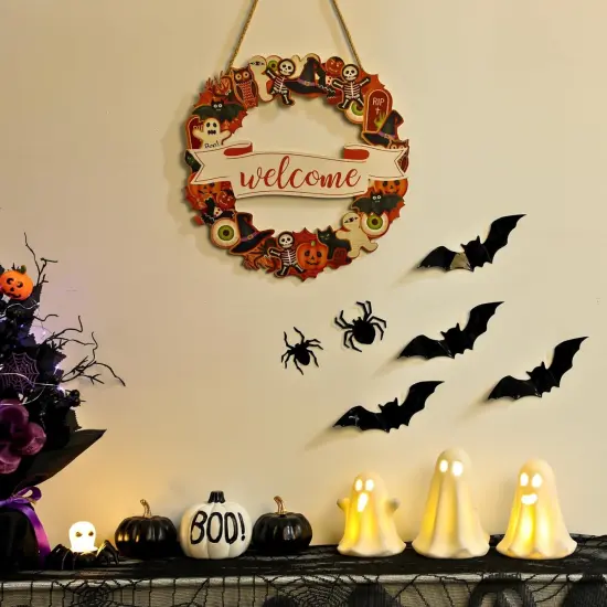 Halloween Wooden Wreath,Welcome Hanging Sign Decorations,Ghost Pumpkin Skull Wood {2}