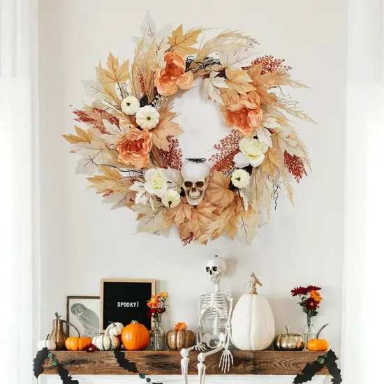 22 Inch Halloween Skull Wreath with Lights, White Pumpkins Roses {2}