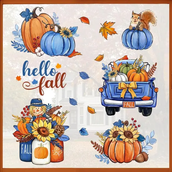 Hello Fall Blue Pumpkin Window Clings 4 Sheets - Fall Pumpkin {1}