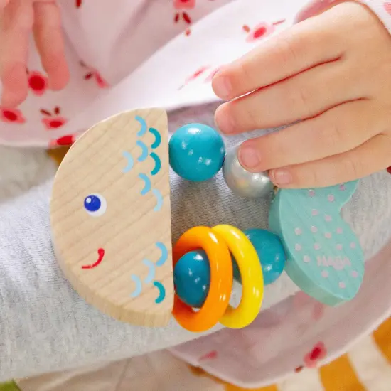 HABA Rattlefish Wooden Baby Rattle and Teething Toy with Plastic Rings, Teething Toys 6-12 months, Grasping Toy for Babies, Made in Germany Multicolor {5}