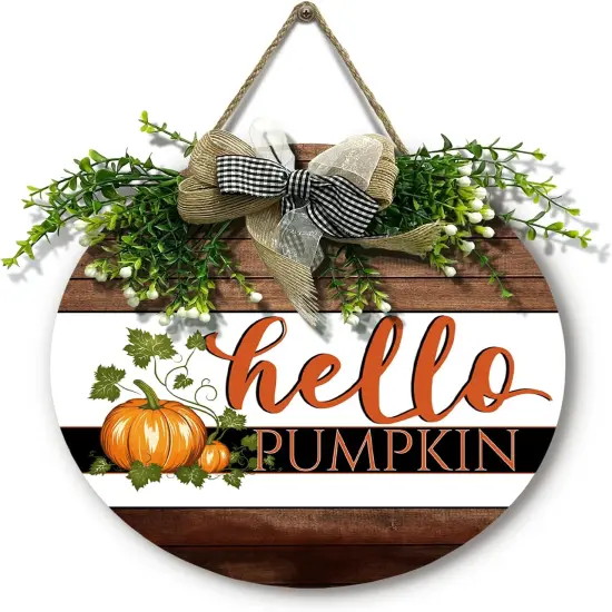 Harvest Hanging Sign With Bow and Wreath Thanksgiving Welcome Wood Sign(hello pumpkin door wreath) {1}