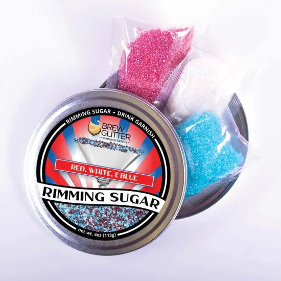 Brew Glitter - Red, White and Blue Pearl Rimming Sugar (4oz, 1x Bar Tin) Cocktail Garnish for Mixed Drinks & Refreshments {5}