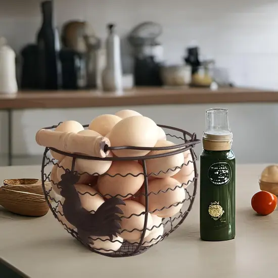 Wire Egg Basket for Gathering Fresh Eggs Collecting Basket With Handle,Rusty Chicken Decorated Small Chicken Egg Basket {3}