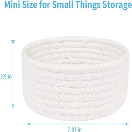 Small Woven Basket, Empty Tiny Shallow Storage Basket, Mini Cotton Rope Baskets, Round Decorative Hamper, Basket Storage Bins for Toys, Spa, Socks, Nursery, Living Room- White {2}