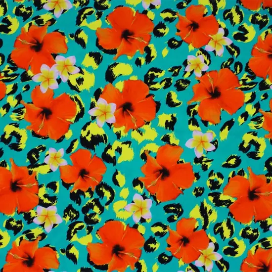 Leopard Hibiscus Printed Spandex Fabric Multicolor {1}