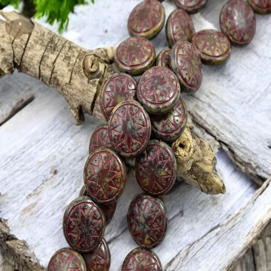 *12* 13mm Red Washed Opaque Chocolate Travertine Ishtar Coin Beads {2}
