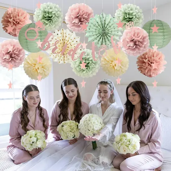 Sage Green and Dusty Pink Bachelorette Party Decorations Bridal Shower Decorations Bride to Be Banner Sage Green Dusty Pink Paper Pom Poms Paper Star Garland Engagement Wedding Shower Party Decor {2}