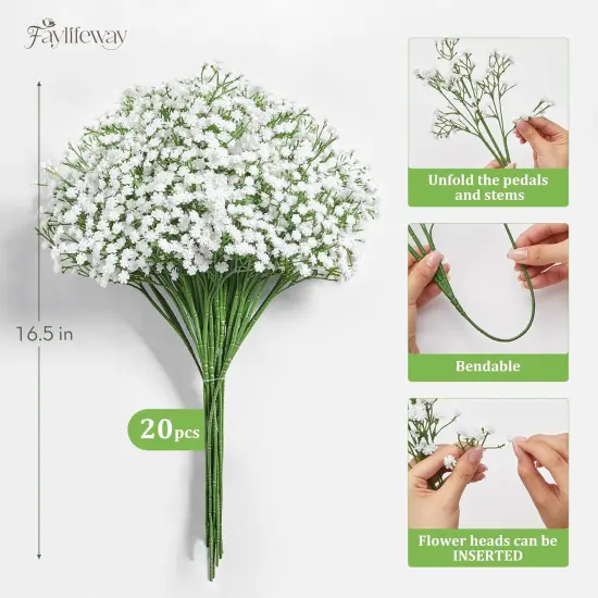 Babys Breath Artificial Flowers - 20PCS Real Touch White Gypsophila Bouquets for Floral Decoration, Wedding, Home, Party, and Garden {2}
