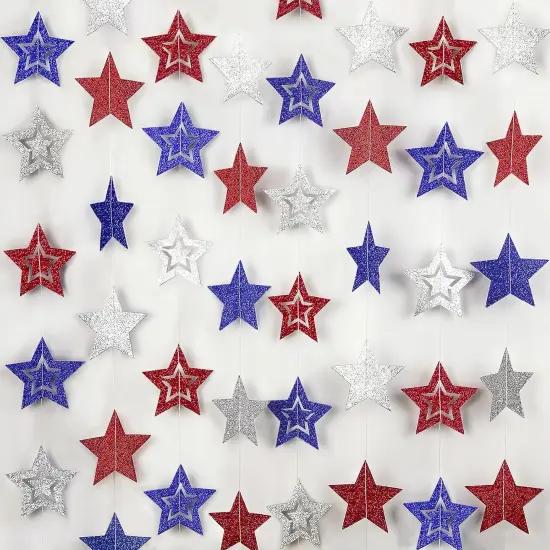 8 Pack Patriotic Star Banner Garland - Glitter Red White Blue Hanging String Garlands for 4th of July, Memorial Day, Independence Day, Veterans Day Party, Holiday Decorations, Labor Day, Party Decor {1}