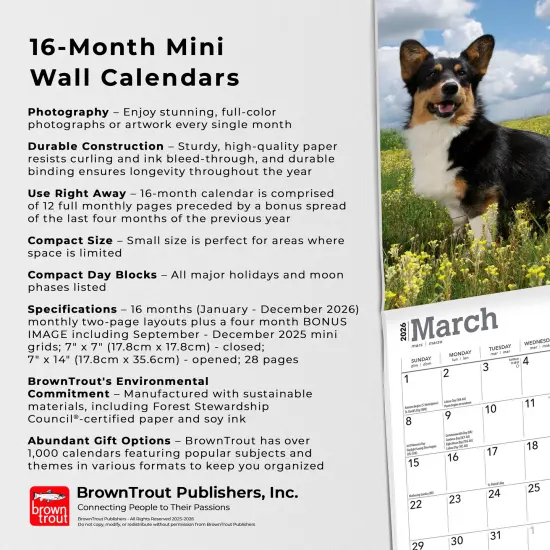 Welsh Corgis | 2026 7 x 14 Inch (Hanging) Monthly Mini Wall Calendar {6}