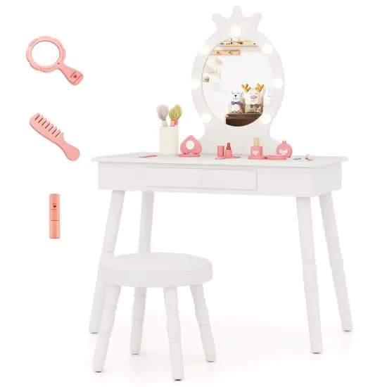 MDF and Wood Kids Vanity Set with LED Mirror, Drawer and Padded Stool White {4}
