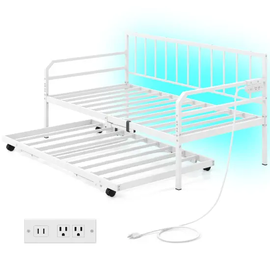 Adjustable Twin Daybed with Pop-Up Trundle, LED Lights and Power Strip White {3}