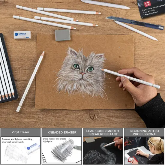 White Charcoal Pencils Set - 12 Piece White Colored Pencils for Drawing, Sketching, Shading, Blending, White Chalk Pencils for Kid, Beginners & Pro Artists {5}