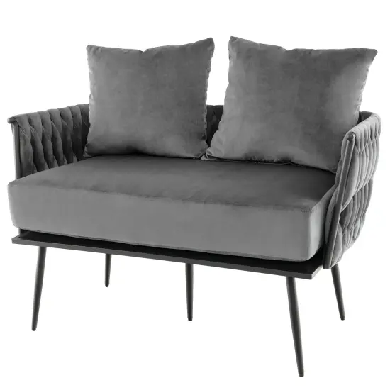 Velvet Woven Loveseat and Cozy 2-Seater Sofa with Metal Legs Gray {4}