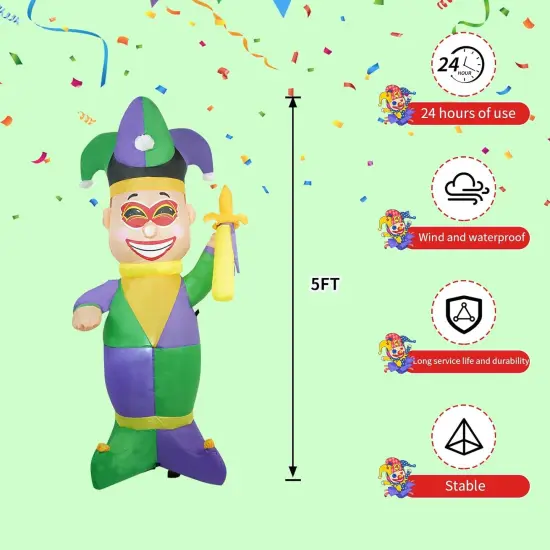 2025 New] 5FT Huge Clown Inflatable, Mardi Gras Inflatable Decoration Decorations, Build-in LED Lights,Mardi Gras Blow up Outdoor Yard Decorations for Party, Indoor Home Celebration Garden Lawn {3}