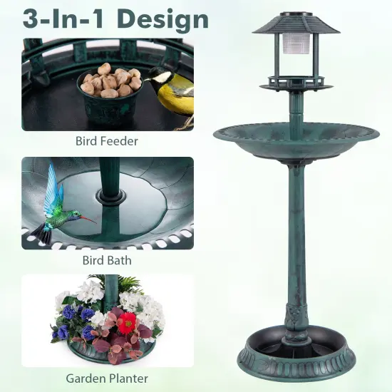 PP Solar Bird Bath Feeder Planter with LED Light and Vintage Design Green {5}
