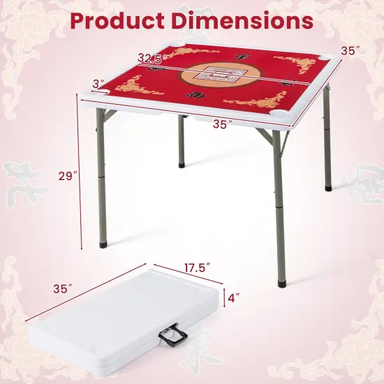 Portable Folding Mahjong Table with Cup Holders and Game Mat Red {5}