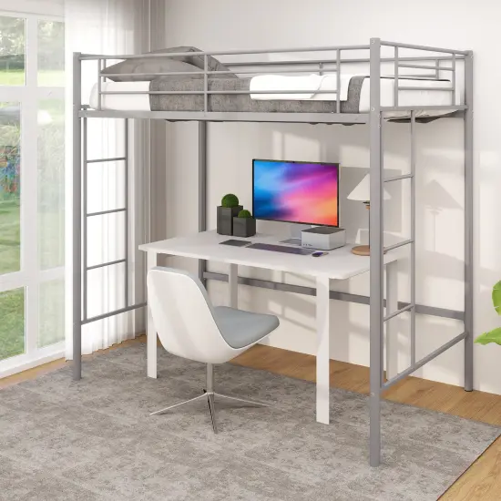 Metal Loft Bed Frame with Dual Ladders, Safety Guardrails and Under-bed Storage Silver {5}