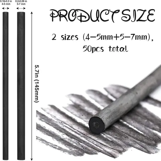 Soft Willow Drawing Charcoal 50 Pieces Natural Willow Charcoal Sticks for Drawing, Sketching Shading Artists Beginners or Students of All Skill Levels Supplies, 2 Box 4 - 5 mm 5 - 7 mm in Diameter {2}
